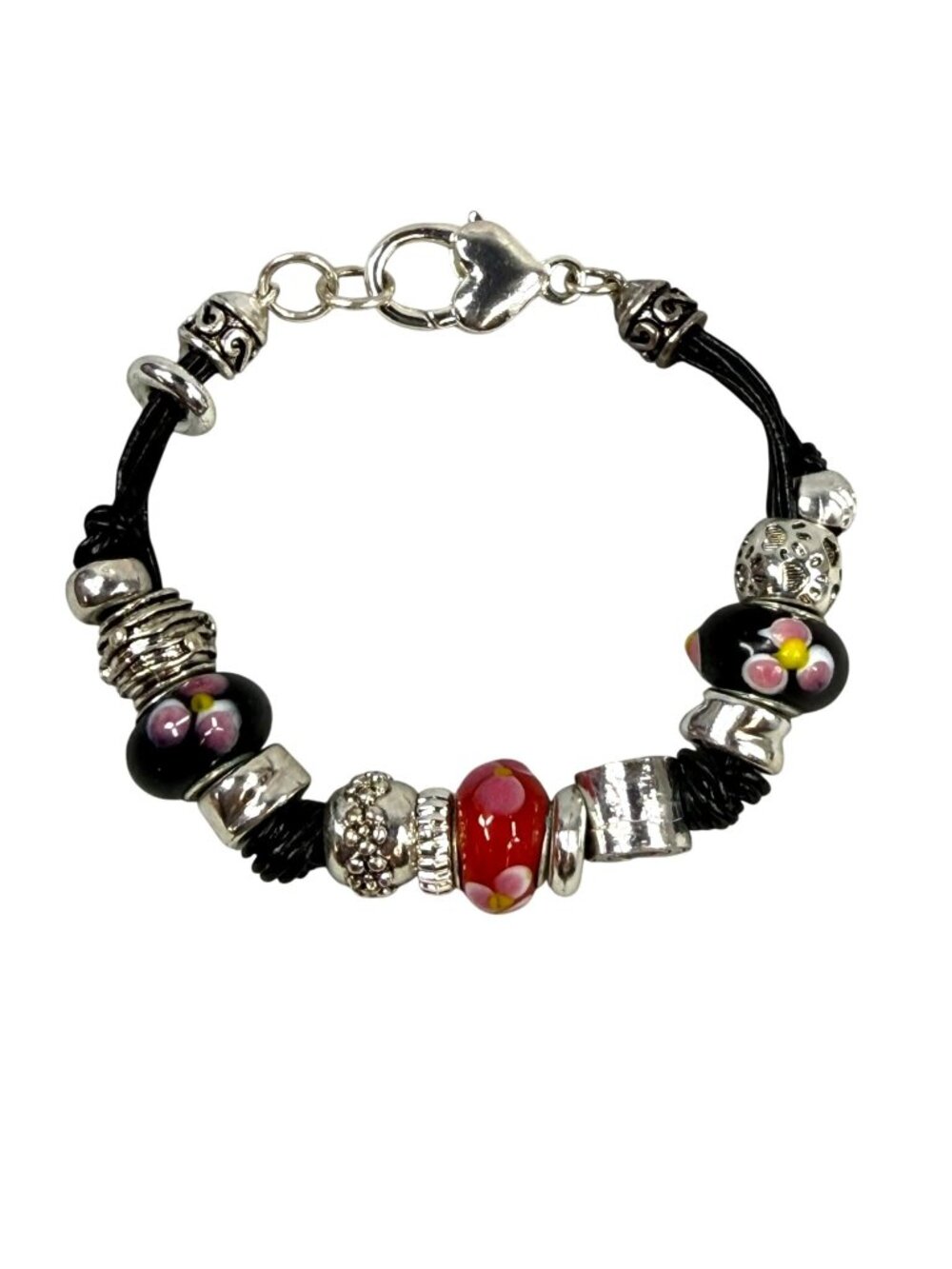 Beaded Leather Cord Bracelet Heart Clasp & Floral Glass Beads In Black & Red